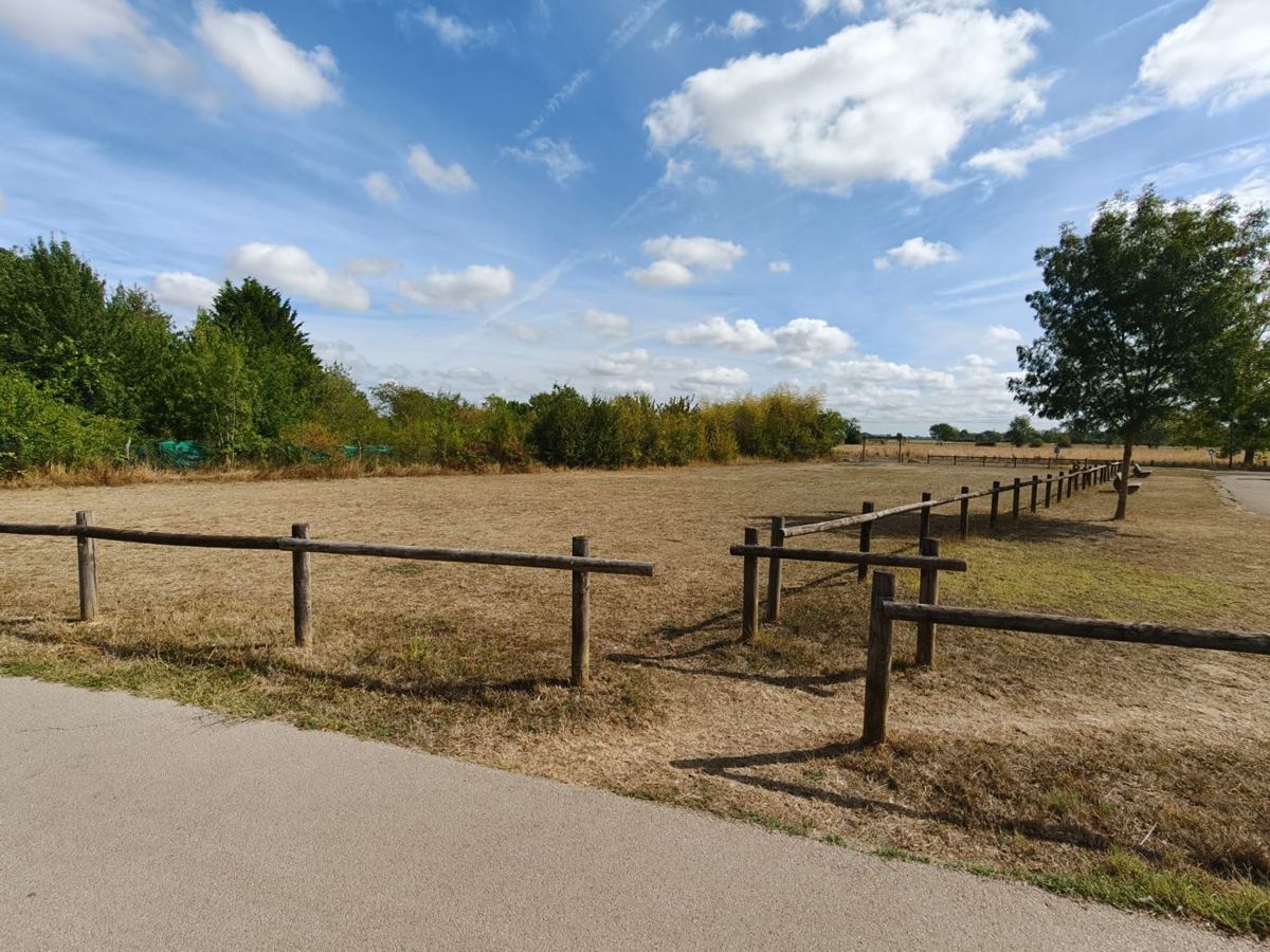Prairie et barrière en bois au bord du chemin, près du Bray